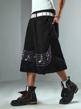 Street Life Pantaloncini di jeans a gamba ampia con ricamo di note musicali per uomo