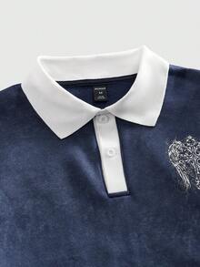 ROMWE MEN Goth Camisa polo de manga larga casual con estampado de letras para hombre - Azul - Ver 3