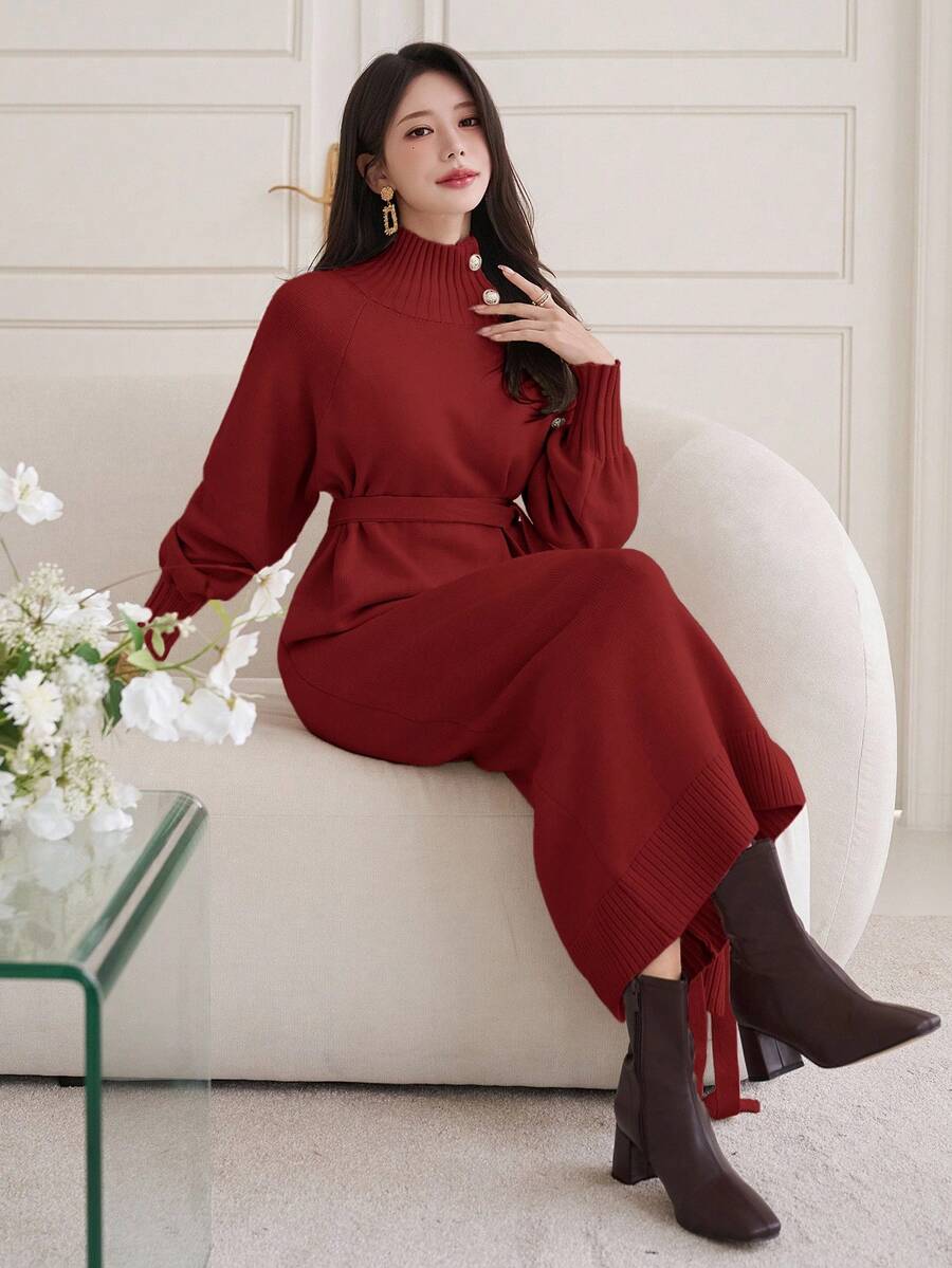 DAZY 女士休闲纯色高领系带毛衣连衣裙,秋冬款 - 酒紅色 - 查看 1