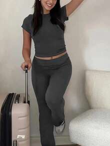 INAWLY Solva 女士簡約純色日常長袖上衣和長褲套裝 - 深灰色 - 查看 2