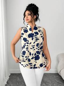 Elenzga Plus Size Women Floral Print V-Neck Sleeveless Blouse - Apricot - View 4