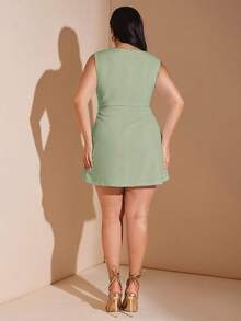 SHEIN BAE 大码女式红色褶皱迷你连衣裙，优雅沙滩度假连衣裙，适合春夏穿着 - 薄荷綠 - 查看 5