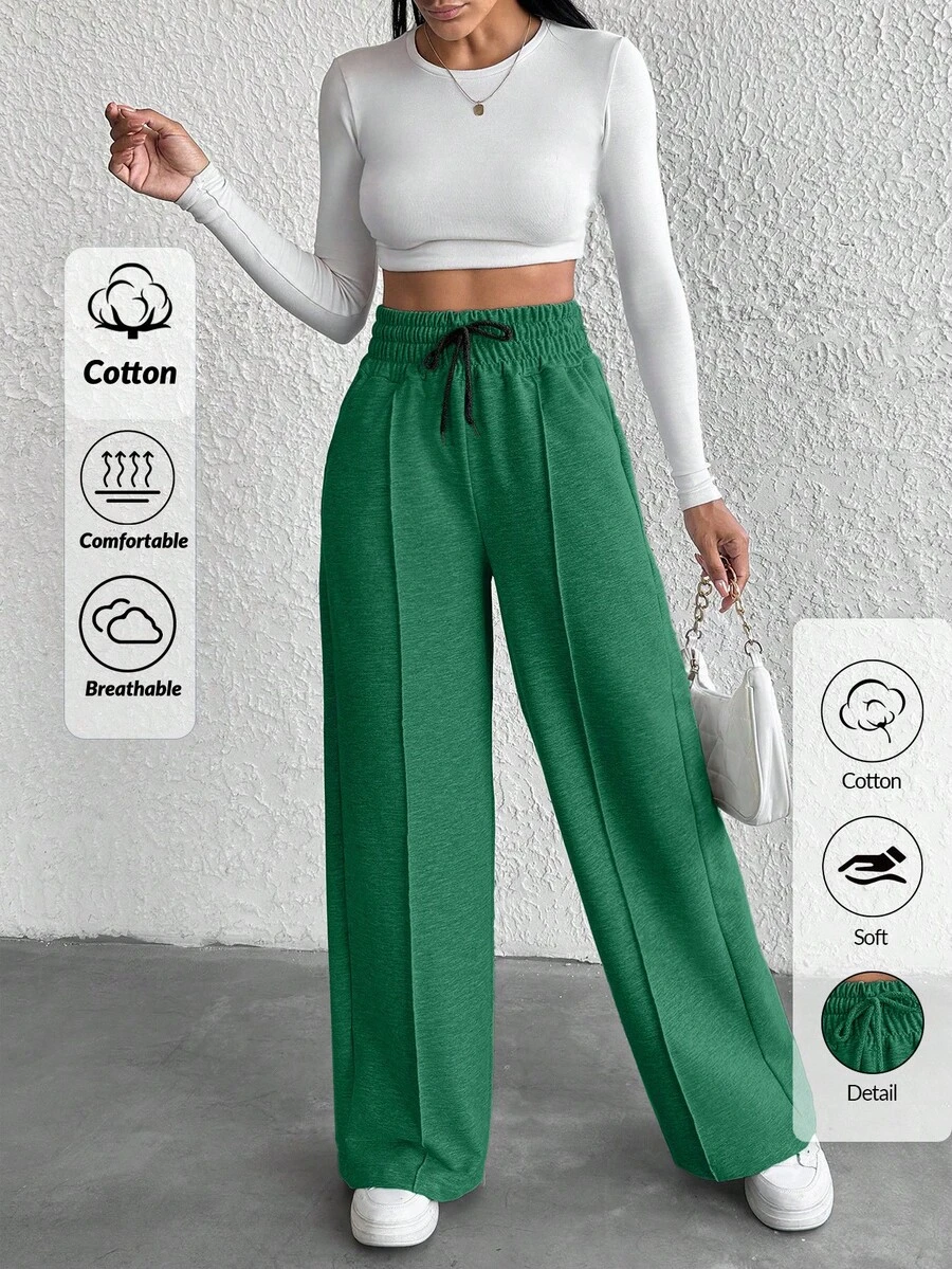 Cotton Petite Drawstring Waist Wide Leg Pants - Dark Green - View 1