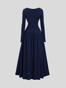 Sweetra Women's Autumn/Winter Coffee Color Plunging Necklace Decor Long Sleeve Simple Elegant Dress - Navy Blue - View 2