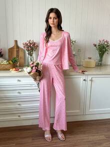 SHEIN 3pcs Women Romantic Heart Print Camisole, Pants And Cardigan Pajama Set - Multicolor - View 6