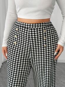 Elenzga Plus Size Women's Elegant Houndstooth Print Elastic Knit Pants, High Waist Refined Metal Buckle Straight Leg Trousers, Suitable For Various Occasions, Elegant Travel, Daily Commute, Work Pants Gingham - Black and White - View 4