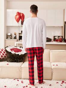 CoupledUp Valentine's Day Slogan & Plaid Pattern Couple's Pajama Set For Men - Multicolor - View 4