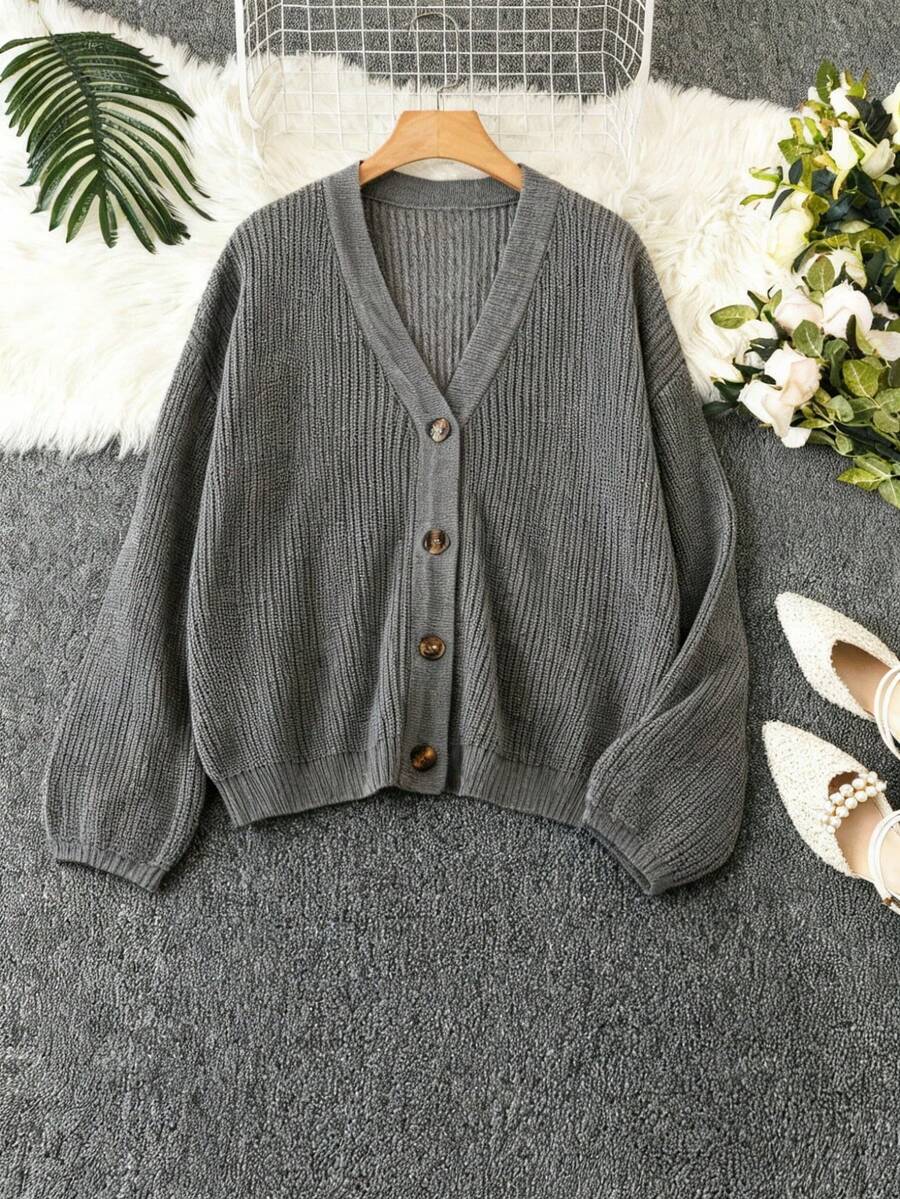 Omancia White Lantern Sleeve Button Front Ribbed Loose Knit Cardigan, Spring/Summer - Grey - View 1