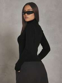 MUSERA 撞色罗纹标语高领拉链开衫，酷女孩、街头风、日常、冬季、学院风、1997年晚宴派对优雅春季款 - 黑色 - 查看 4