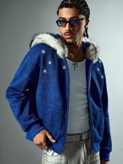 Street Life Felpa con cappuccio in pile con ricamo a fiocco di neve da uomo