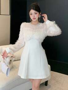 DAZY Đầm nữ thanh lịch dáng lửng, có tua rua, phối nhiều mảnh, thích hợp cho công sở. - Màu be - Xem 4