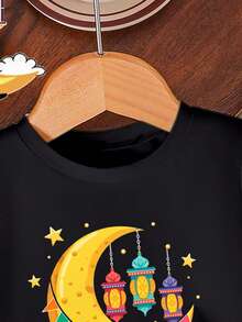 Moon And Lantern Pattern,Round Neck Short Sleeve Outfit For Birthday,Parties,Festivals - Black - View 3