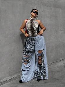 POPSWAY Plus Size Women's New Leopard Print Distressed Loose Punk Y2K Casual Sweatpants, Elastic Waist Sports Pants, Suitable For Spring And Autumn, Daily Wear - Grey - View 4