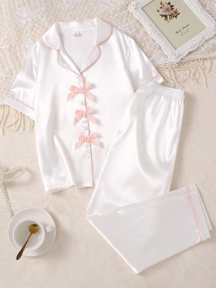 Tween Girls White Satain Pajamas-2 Piece Pajama Set Spring To Summer Pink Piping Bow Accent Button Front Notched Collar Round Neck Short Sleeve Also Long Sleeve Options Matching Long Pants And Dress Sleepwear Loungewear Seasonal All Season Holiday 2026 Must Have Gift - White - View 1