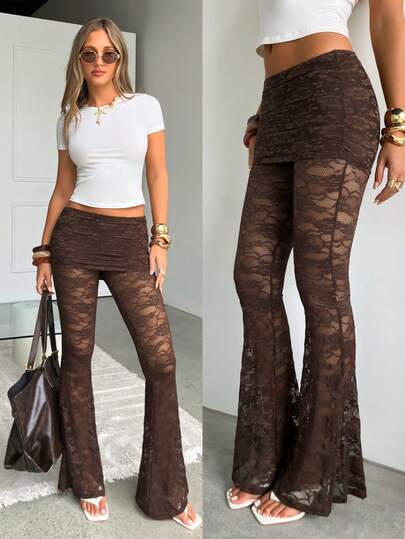 Siren Gaze Pantalones acampanados de encaje marrón para mujer con diseño floral transparente y cintura alta. Pantalones transparentes de primavera, conjuntos de verano, atuendos de vacaciones de verano, disfraces de carnaval, de moda para mujeres 2026. Pantalones acampanados de encaje marrón con diseño floral transparente y bajo acampanado.