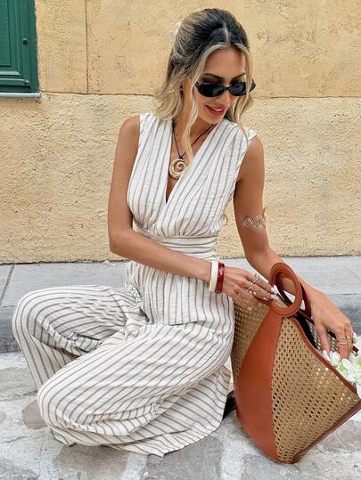 Serisse Women's  Summer  Casual Striped Sleeveless  Wide-Leg Jumpsuit,Casual Summer Jumpsuit, Romantic And Elegant, Textured Fabric, Casual Wide-Leg Pants, Suitable For Vacation And Daily Wear, Women Work Summer Dresses Woman S Summer Clothes Holiday Resort, Beach Outfit For Women , Female Carnival Costume,Summer Clothes
