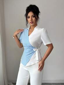 SHEIN Elenzya 女士纯色条纹拼接简约日常短袖衬衫 - 藍色 - 查看 5