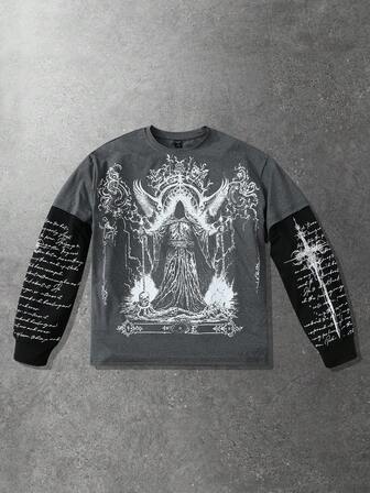 Herren Lässig Kontrast Farbblock Dunkel Slogan Muster T-Shirt, Herbst