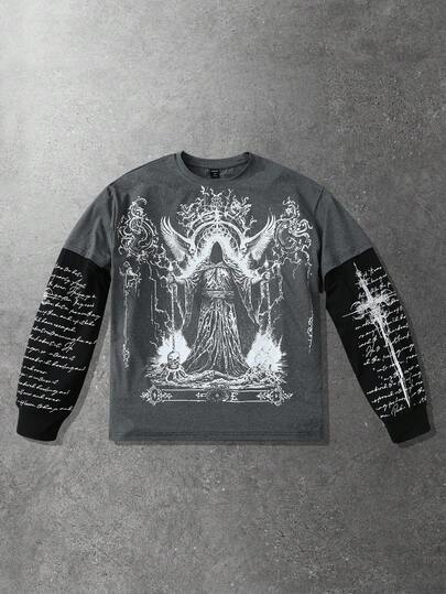 T-shirt décontracté pour hommes avec imprimé slogan bicolore et patchwork, automne