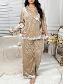 Dazy Plus Velvet Floral & Bamboo Print Contrast Lace Elegant Loose Top And Pants Pajama Set, Spring/Autumn - Khaki - View 4