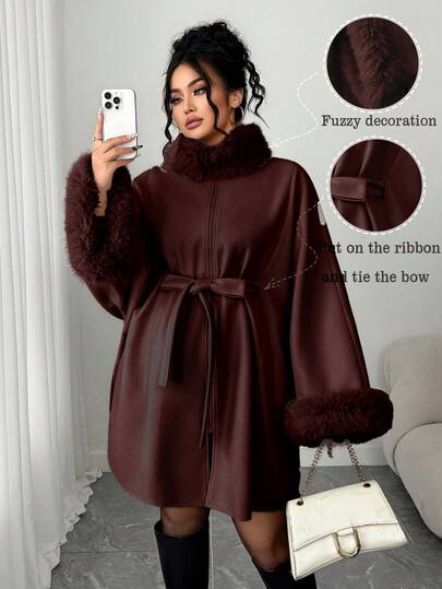 Elenzga Plus Size Autumn/Winter Fashion Lace-Up Wool Blend Coat