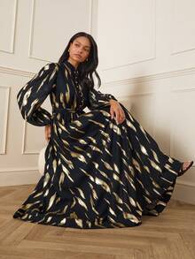 Lilora Elegantes Pendler-Maxikleid mit goldener Folien-Laternenärmel für Damen, raffinierte und elegante Outfits vom Frühling bis Sommer, Frühlingsoutfit für Damen - Schwarz - Übersicht 1