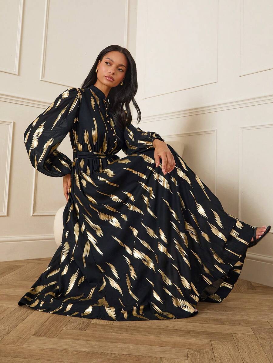 Lilora Elegantes Pendler-Maxikleid mit goldener Folien-Laternenärmel für Damen, raffinierte und elegante Outfits vom Frühling bis Sommer, Frühlingsoutfit für Damen - Schwarz - Übersicht 1