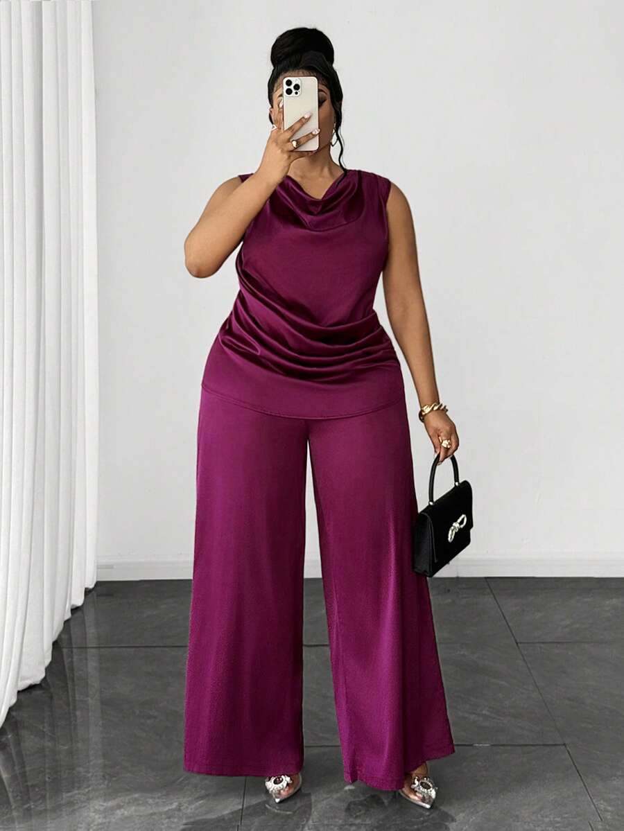 Maweii Bộ đồ nữ cỡ lớn gồm áo không tay và quần ống rộng bằng vải satin màu đỏ tía, thanh lịch và thời trang. - Màu đỏ tím - Xem 1