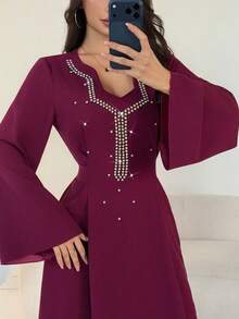 Al Najma Women's Elegant Arabic Style A-Line Dress With Long Sleeves, Cinching Waist And Rhinestone Decor, Suitable For Autumn - Purple - View 3
