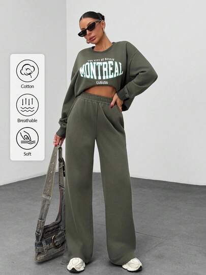 SHEIN Tall Women's College Varsity Print Two Pieces Set – Oversized Sweatshirt And Wide Leg Sweatpants, Elastic Waist, Letter Graphic Tracksuit, Athletic Loungewear, Casual Sportswear Outfit, Street Style Co-Ord