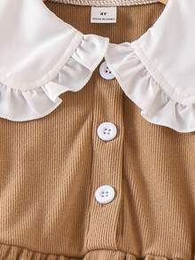 Elladie kids Young Girls Sweet Cute Peter Pan Collar Round Neck Long Sleeve Top Paired With Flared Pants Casual Minimalist Khaki T-Shirt Set Girls Brown Outfit Girls Light Brown Outfit Little Girl Autumn Suit Girls Fall Uniform Clothes - Brown - View 6