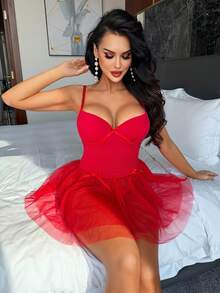 Spicy Aura 2pcs/Set Valentine's Day Lace Bra & Garter Dress Set With Underwire For Women - Red - View 3