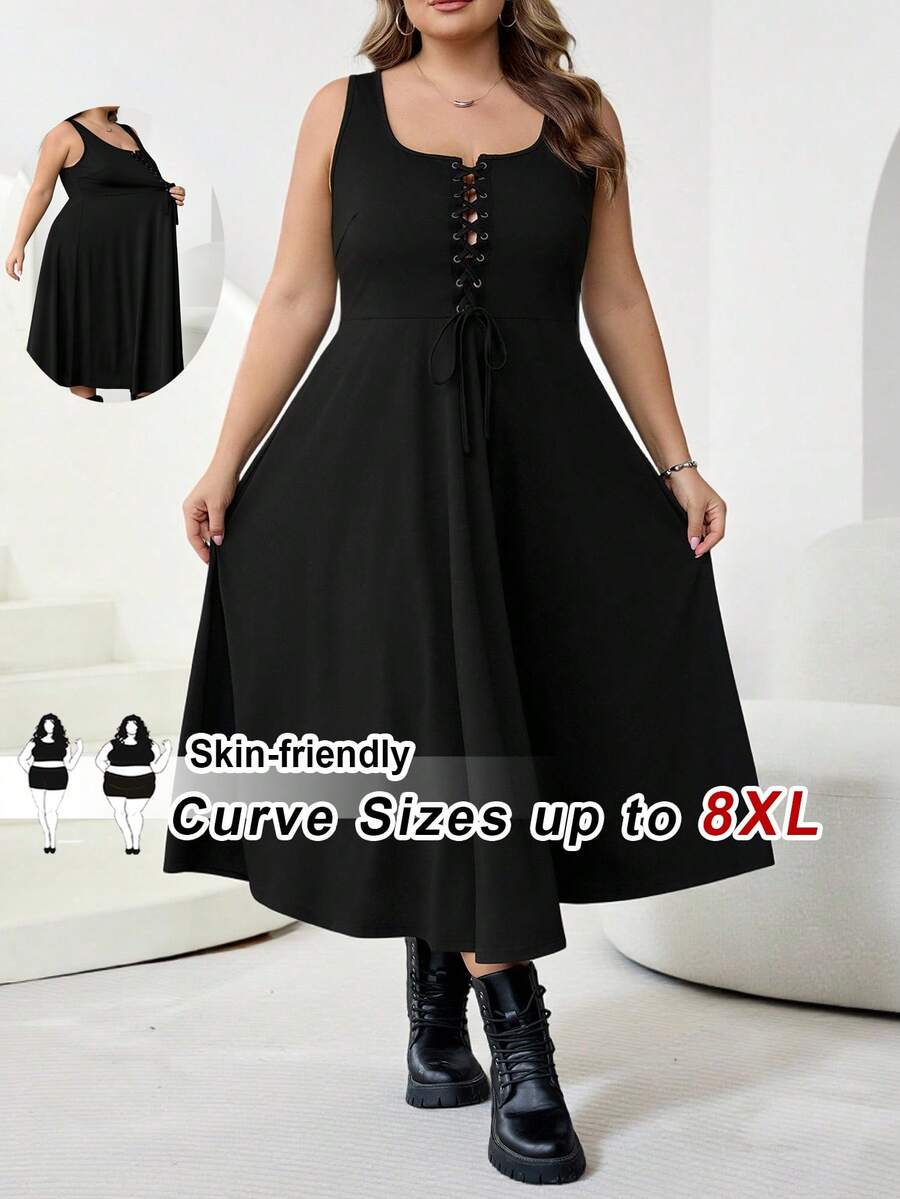 SHEIN CURVE+ 大码女式休闲连衣裙，系带连衣裙，休闲服饰，新款春季时尚交叉U领无袖A字连衣裙/2026/新年 - 黑色 - 查看 1