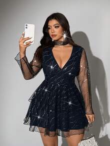 Viva Relle Đầm nữ cỡ lớn bằng vải lưới đính sequin, cổ chữ V, thắt eo, dáng ôm, thích hợp mặc thường ngày. - Màu xanh hải quân - Xem 6