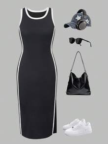 SHEIN 女童休闲百搭日常通勤女士黑白撞色滚边短款针织连衣裙，可搭配母女装和姐妹装 - 黑色 - 查看 1