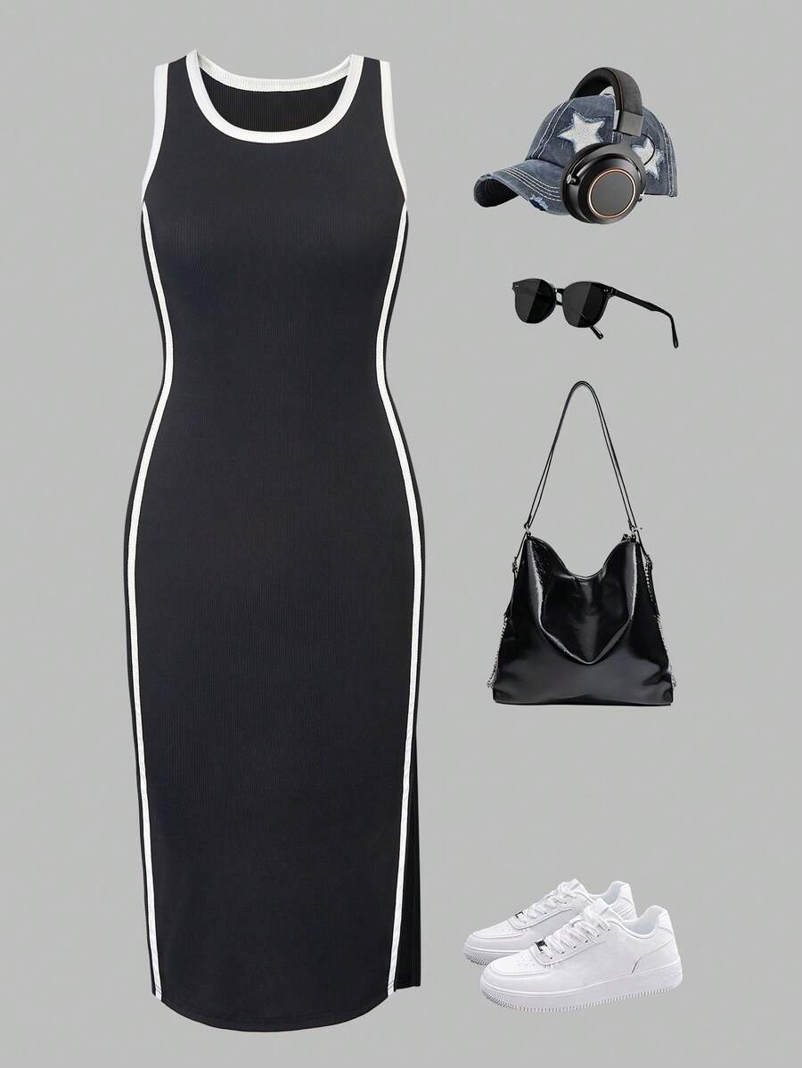 SHEIN 女童休闲百搭日常通勤女士黑白撞色滚边短款针织连衣裙，可搭配母女装和姐妹装 - 黑色 - 查看 1