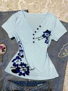 INAWLY Áo thun ngắn tay cổ chữ V in hoa, kiểu dáng thường ngày, thích hợp cho mùa hè. - Màu xanh nhạt - Xem 1