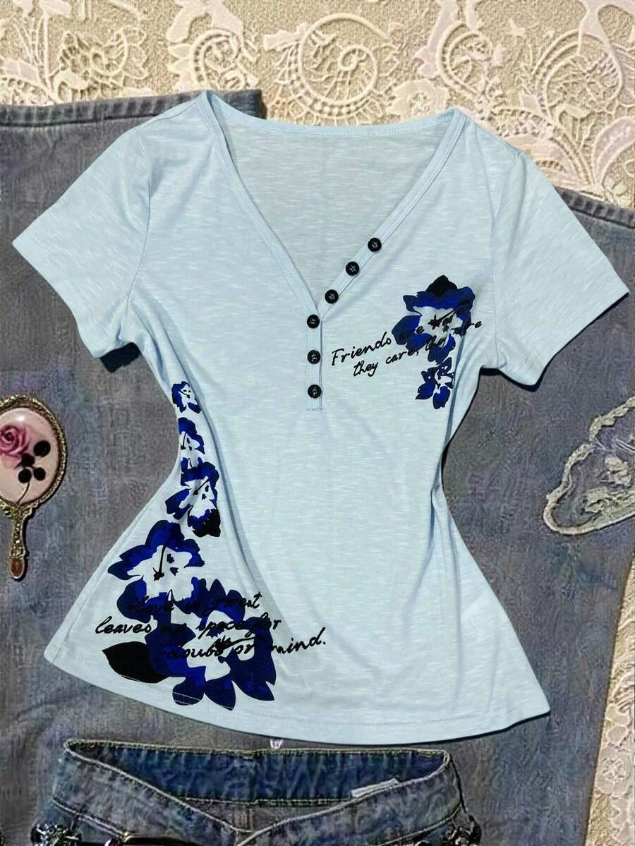 INAWLY Áo thun ngắn tay cổ chữ V in hoa, kiểu dáng thường ngày, thích hợp cho mùa hè. - Màu xanh nhạt - Xem 1