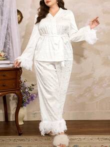 Côtesoire Bộ đồ ngủ cỡ lớn sang trọng kiểu Pháp, chất liệu giả lụa, họa tiết hoa hồng, đính lông vũ. - trắng - Xem 6