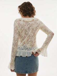 Poéselle 女士浪漫荷叶边蕾丝上衣，配以透视荷叶袖 – 复古蕾丝荷叶边上衣，时尚，透视袖上衣，优雅通勤纯色蕾丝荷叶边上衣，夏季上衣，春季情人节度假必备 - 杏色 - 查看 4