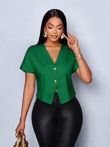 SOLERSUN Women's Solid Color V-Neck Metal Button Asymmetric Hem Elegant Short Sleeve Blouse - Dark Green - View 3