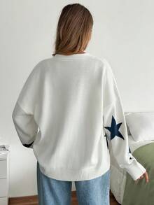 EURMUSE Women's Pentagram Jacquard Drop Shoulder Long Sleeve Casual Loose Knit Cardigan - White - View 2