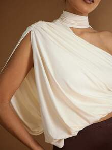 Hauture Áo nữ gợi cảm lệch vai, xếp ly, khoét eo - Màu be - Xem 4