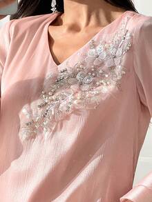 Al Najma Abito da donna taglie forti con scollo a V, decorato con perline, con maniche a balze e stile arabo - Rosa - Visualizzare 6