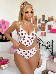 SHEIN 2件套情人节花卉印花女士内裤，带钢圈 - 紅白色 - 查看 5
