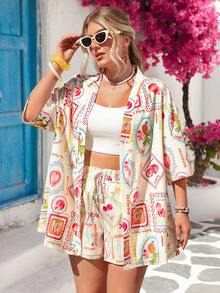 Vivid Eden Conjunto de 2 piezas de camisa tipo kimono y pantalones cortos con estampado de hojas azules para mujer de talla grande para el verano - Multicolor - Ver 4