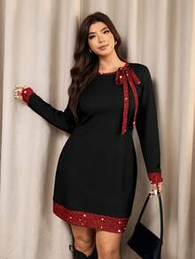 Elaquor Plus Size Women Black And Red Contrast Color Glitter Long Sleeve Elegant Party Dress,Autumn Christmas Western Bow Tie Casual Everyday Spring Dresses - Multicolor - View 5