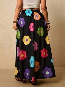 SHEIN VCAY Chân váy nữ cỡ lớn in họa tiết hoa nhiệt đới, cạp chun, xẻ tà bên hông, kiểu dáng thường ngày, thích hợp cho mùa hè. - Nhiều màu - Xem 2