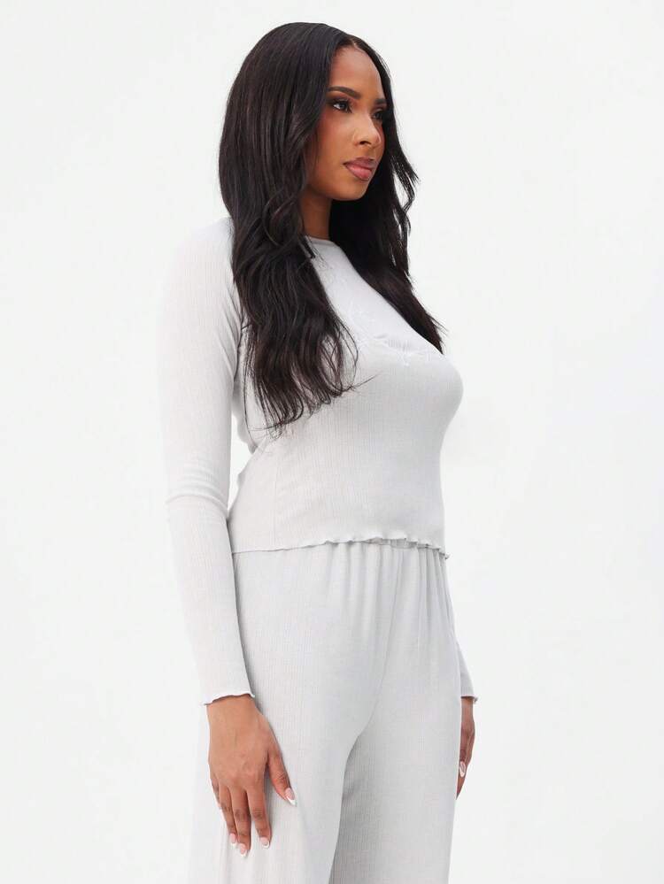 BABYPHAT Ribbed Knit Logo Long Sleeve Crew Neck Pointelle Loungewear Top