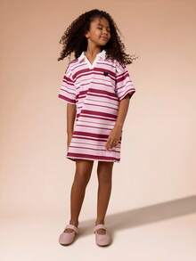 SUMWON Tween Striped Polo Dress Short Sleeve Collared Button Placket Horizontal Stripe Pattern Casual Knee Length Summer Spring Dress Vacation - Pink - View 5